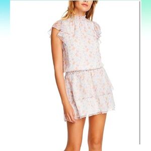 1. State Women’s Mock Neck Tiered Smocked Floral Flutter Sleeve Mini Dress M